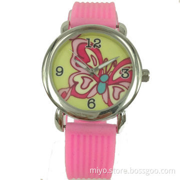 Children's Watch in Silver Case and Pink Silicone Strap, Pattern Dial Nontoxic and High-quality